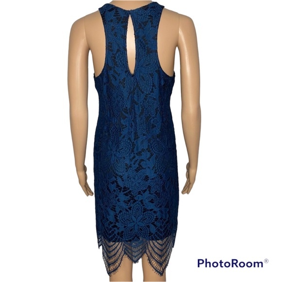 Express Blue & Black Lace High Neck Sleeveless Keyhole Knee Length Mini Dress - Picture 2 of 10